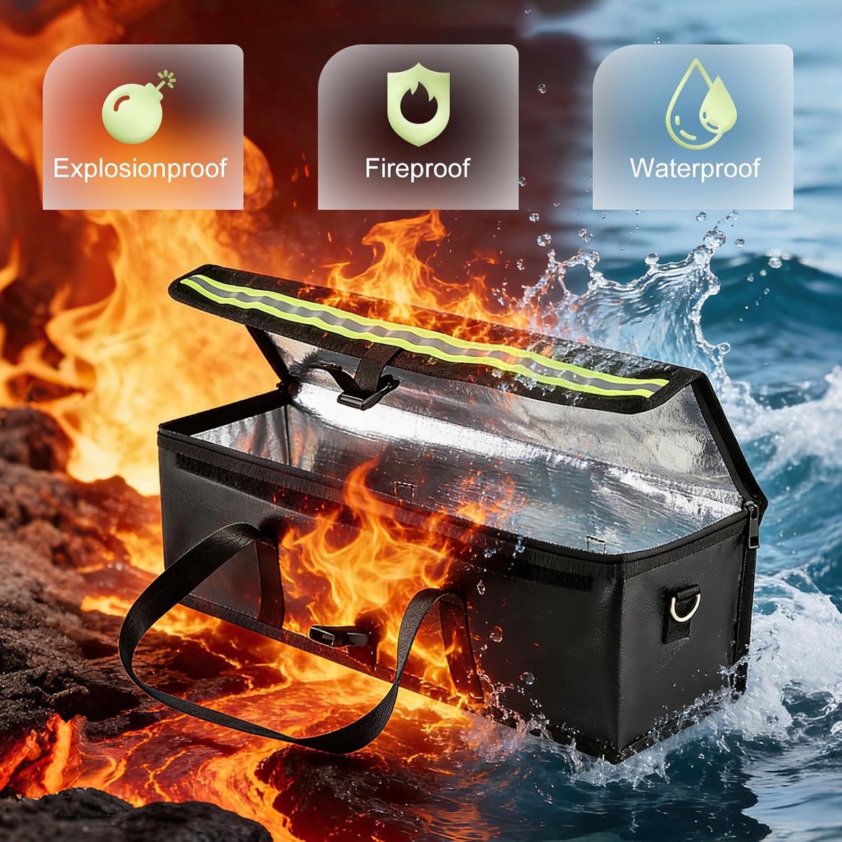 SnelShoppen - EBike Accu Tas Set van 2, Lipo Brandveilige Tas tot 2300 °C, Vuurvast Waterdicht Explosieveilig voor E-Bike Accu's met Comfortabele Grip