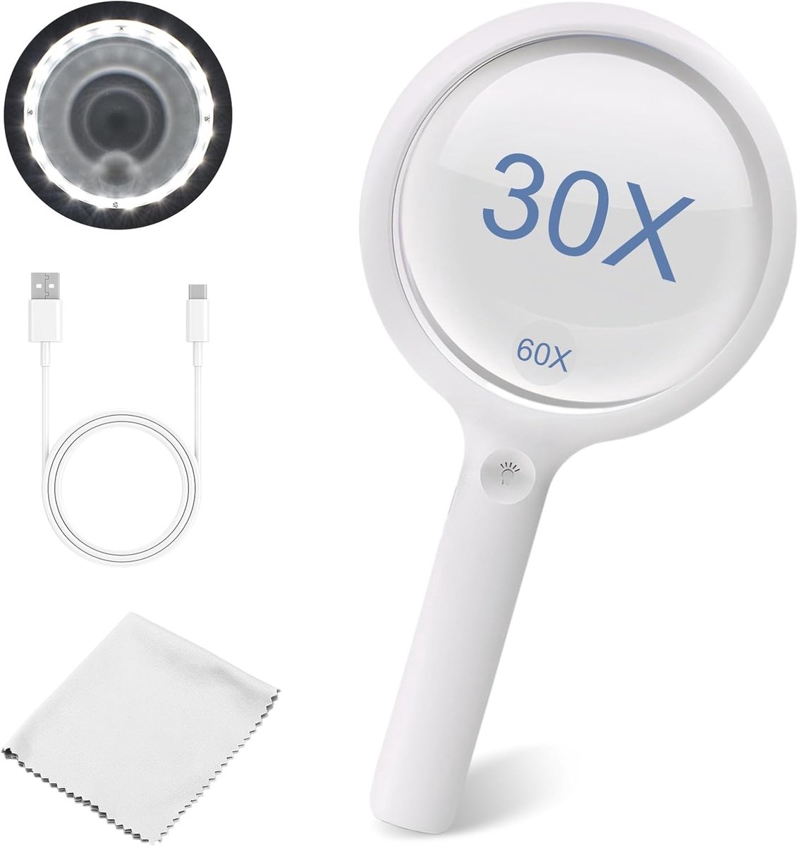 vergrootglas met 20 LED-licht, LED-vergrootglaslens, 30X 60X handzaam verlicht vergrootglas met 3 lichtmodi voor senioren lezen, inspectie, munten, dichtbij werk verkennen