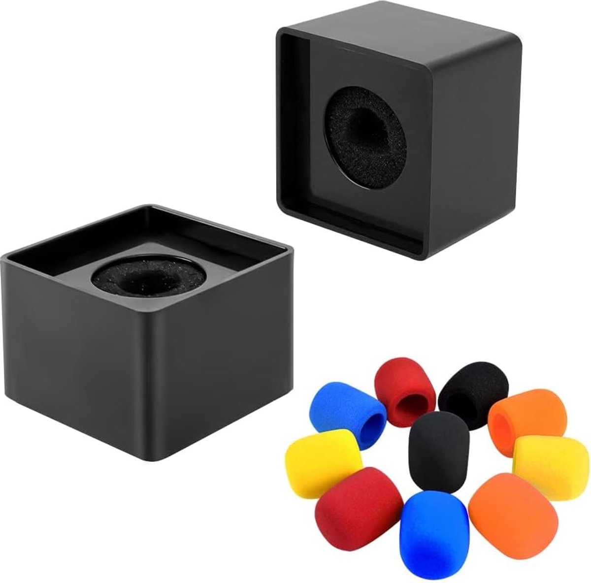 Set van 2 microfoon-vlagstations Square Cube, gevormd interview, microfoon-logo met 10 stuks microfoon-schuimafdekking (2 vlaggen + 10 afdekkingen)