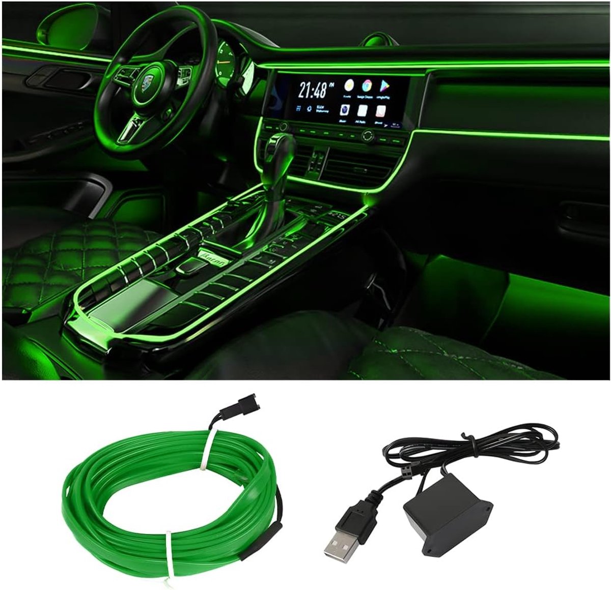 LED-lichtstrip voor het auto-interieur, 500 cm, sfeerverlichting voor de decoratie van het auto-interieur, ter decoratie van de auto (groen)