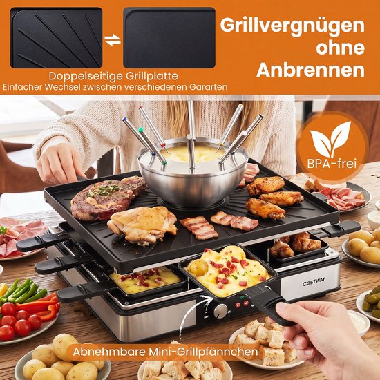 COSTWAY 3-in-1 raclette-grill en fondue, 2200 W, elektrische grill voor 8 personen - Met anti-aanbakplaat en 8 pannen, elektrische grill met dubbele thermostaat, 8 houten spatels en 8 fonduegaten — afbeelding 5
