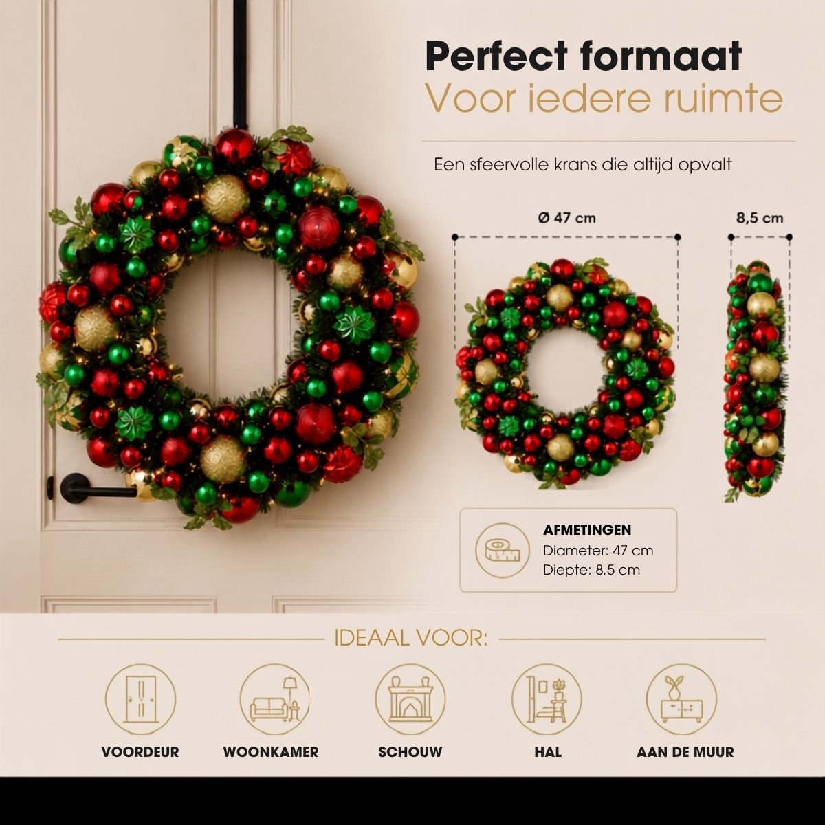 Mica Decorations Kerstkrans met Verlichting - Deurkrans H8,5 x Ø47 cm - Kerst Krans met Timer en Kerstballen - Multifunctionele Kerstversiering - Goud, Groen en Rood – foto 8