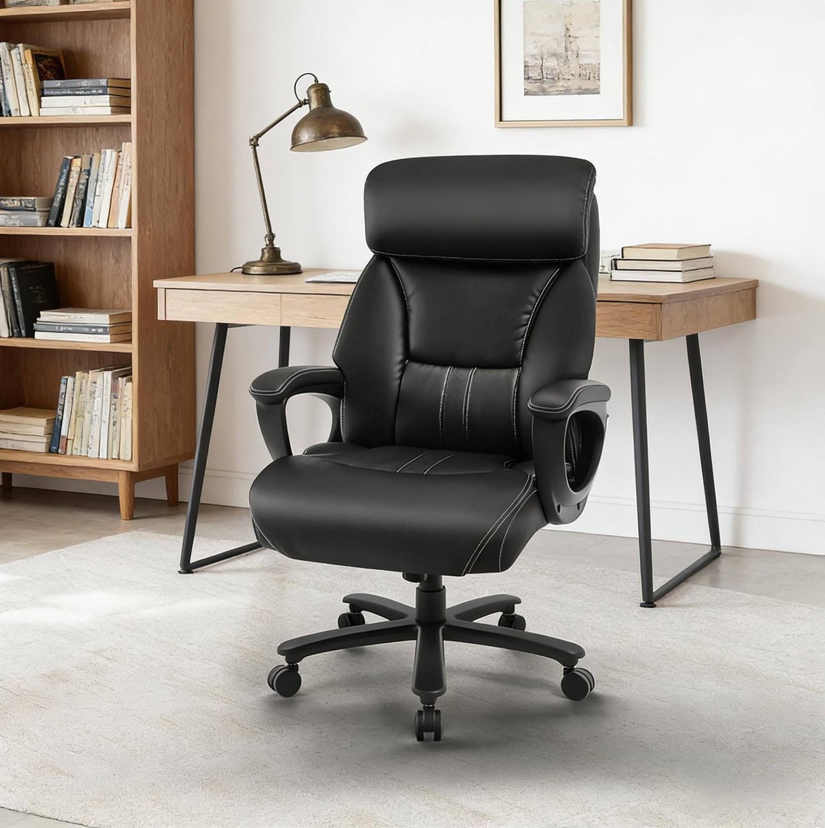 REDOM - Bureaustoel - Ergonomische hoge rugleuning met hoofdsteun en armleuningen - Verstelbare lendensteun - Draaibaar met wielen - Kunstleer - Zwart - 86 x 72 x 127 cm