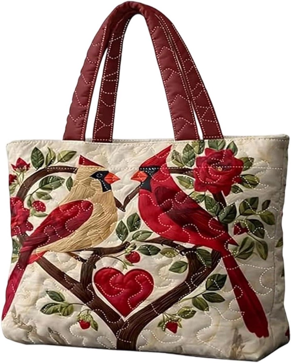 Gevulde Tote Tas - Gewatteerde Reistas - Dagelijks Gebruik - Vogel-bloemenmotief - 43x40x10 cm - Kardinaal