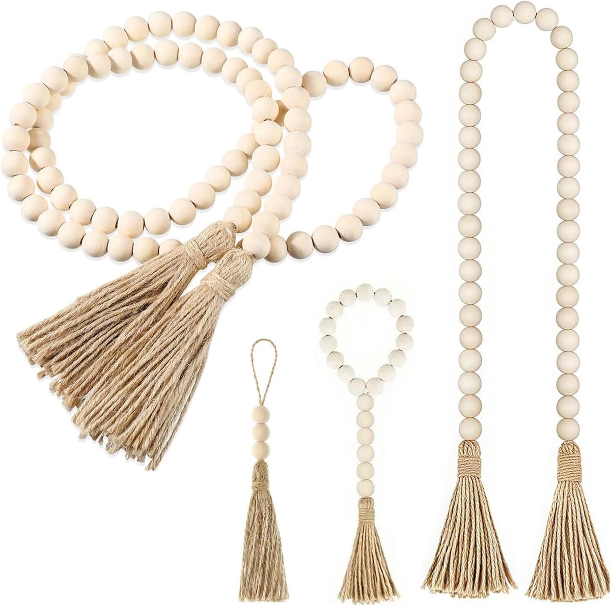 4 maten - Houten kralenhanger - Houten kralen in bohemian stijl - Houten kralen - Kralendecoratie - Decoratie in landelijke stijl - Vaasdecoratie - Wanddecoratie - Kan aan de muur, schoorsteenmantel of als kerstdecoratie in huis worden gehangen
