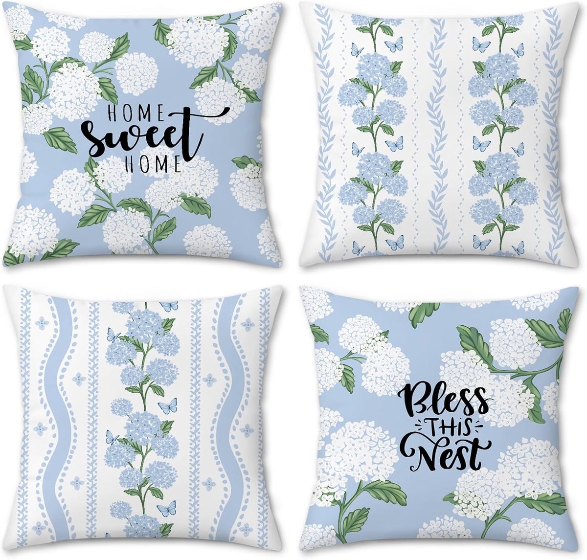Decoratieve Bloemkussens 45 x 45 cm - Vintage Bloemenprint in Blauw - Zachte Velours Kussens voor Sofa, Bed en Patio - Set van 4 voor Lente Decoratie