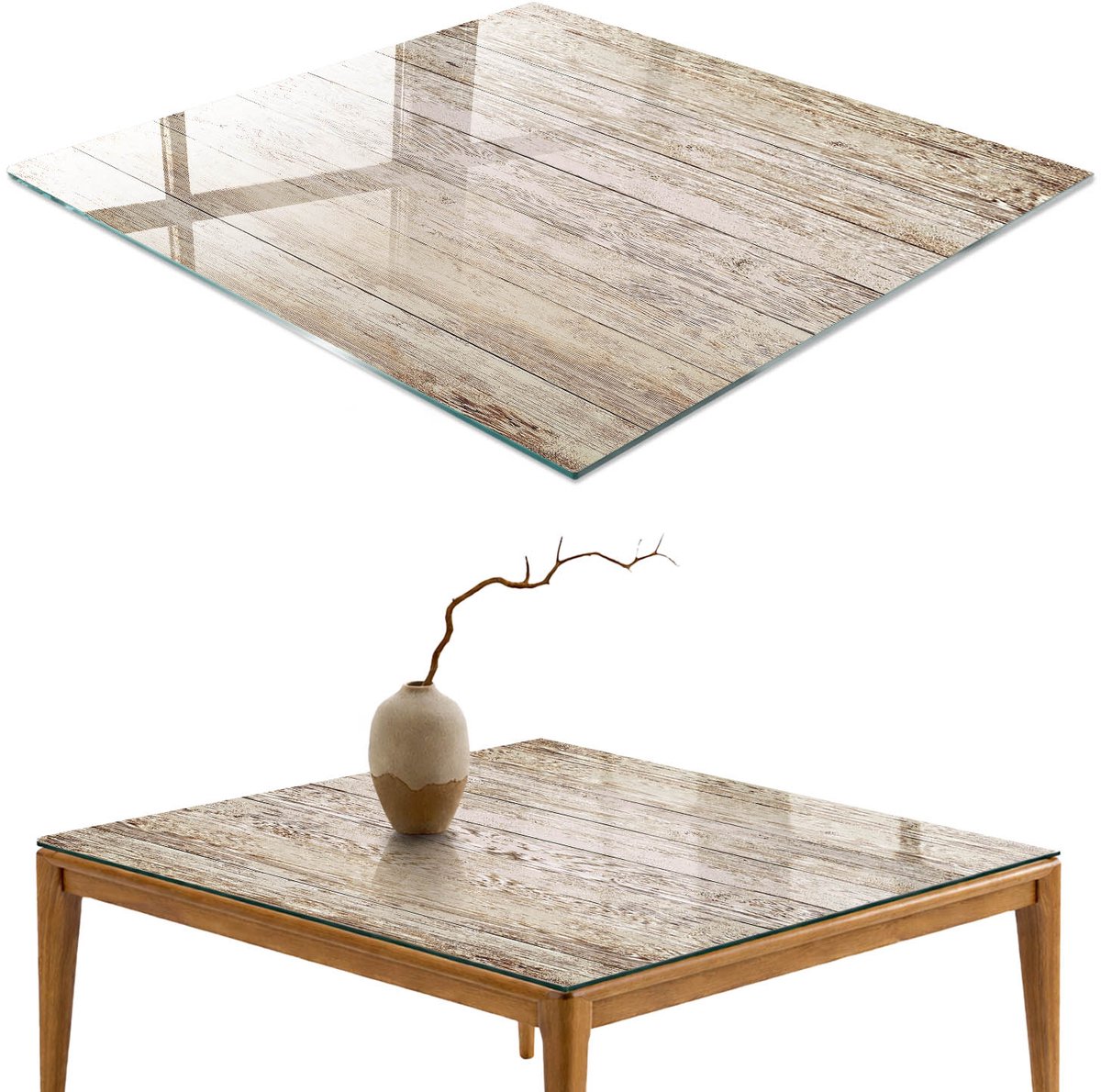 ArtPrintCave Houten planken Glazen Tafelblad 60x60 cm - Tafelblad Rechthoek - Beige Glazen Eettafel - Texturen Terrastafel