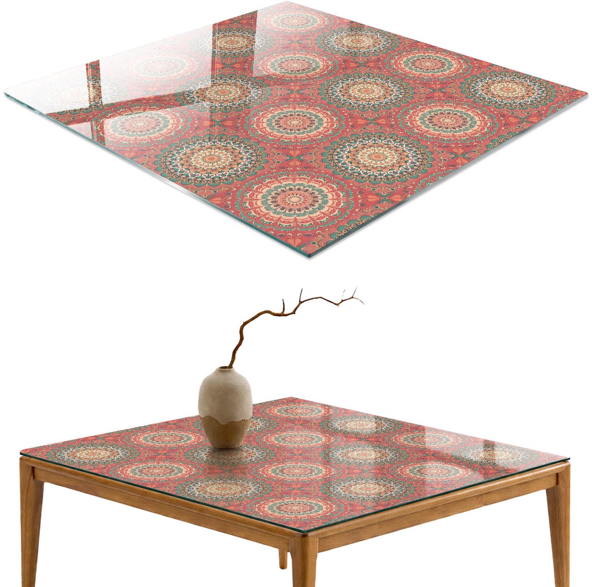 ArtPrintCave Mandala-decoratie Glazen Tafelblad - 50x50 cm - Tafelblad Vierkanten - Rood Keukentafel - Achtergronden en patronen Tafelblad Glas