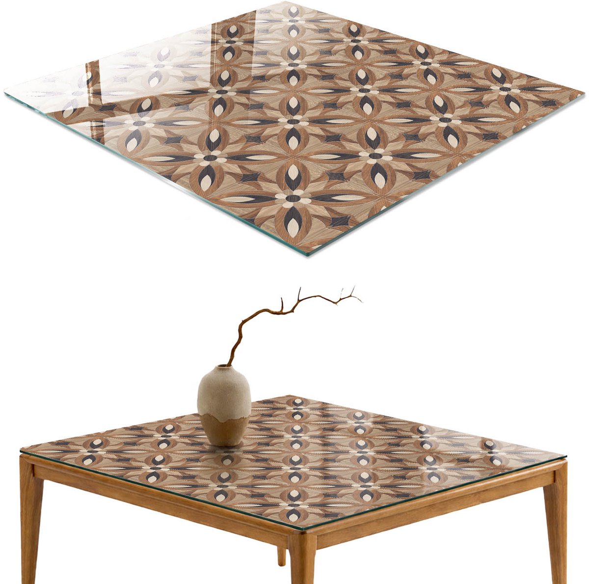 ArtPrintCave Geometrische mozaïek Glazen Tafelblad - 50x50 cm - Tafelblad Vierkanten - Bruin Eettafel Met Glasplaat - Achtergronden en patronen Glazen Eettafel