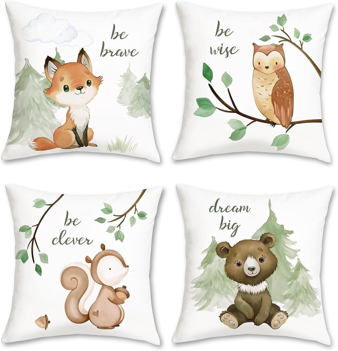 Kussenslopen voor bosdieren 50 x 50 cm, set van 4, decoratieve fluwelen kussenslopen voor kinderen, bed en woonkamer, met vos en beer design