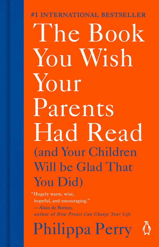 Boek "The Book You Wish Your Parents Had Read" met oranje omslag en blauwe tekst.