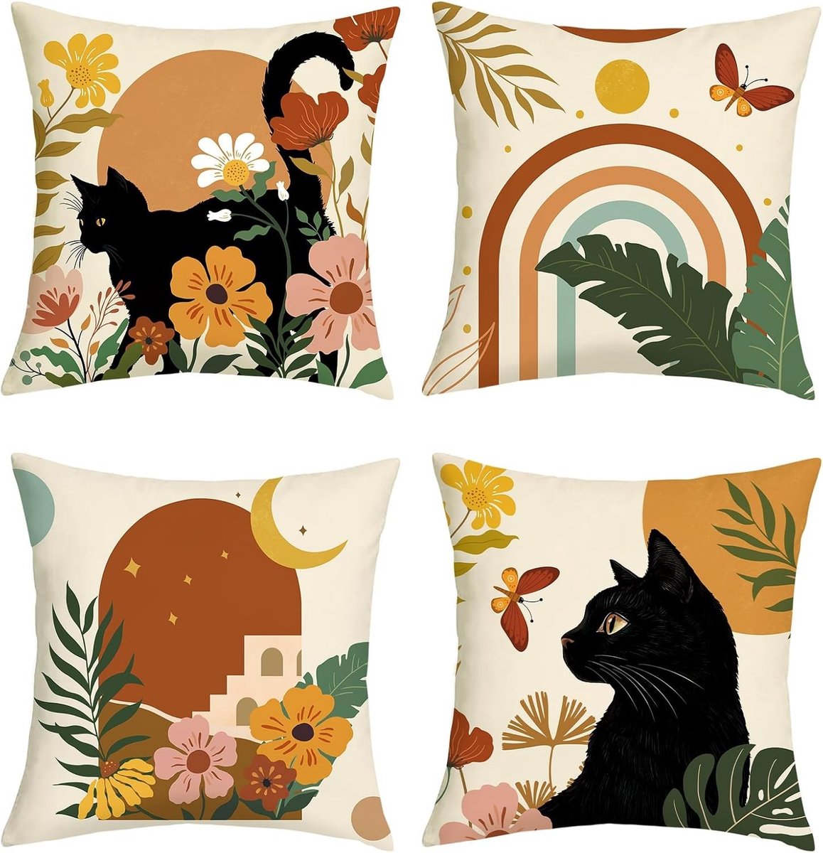 Set van 4 Decoratieve Kussenhoezen met Boho Tropische Bloemen en Bladeren voor Sofa en Slaapkamer - Modern Geometrisch Ontwerp, Perfect voor Woonkamer Decoratie