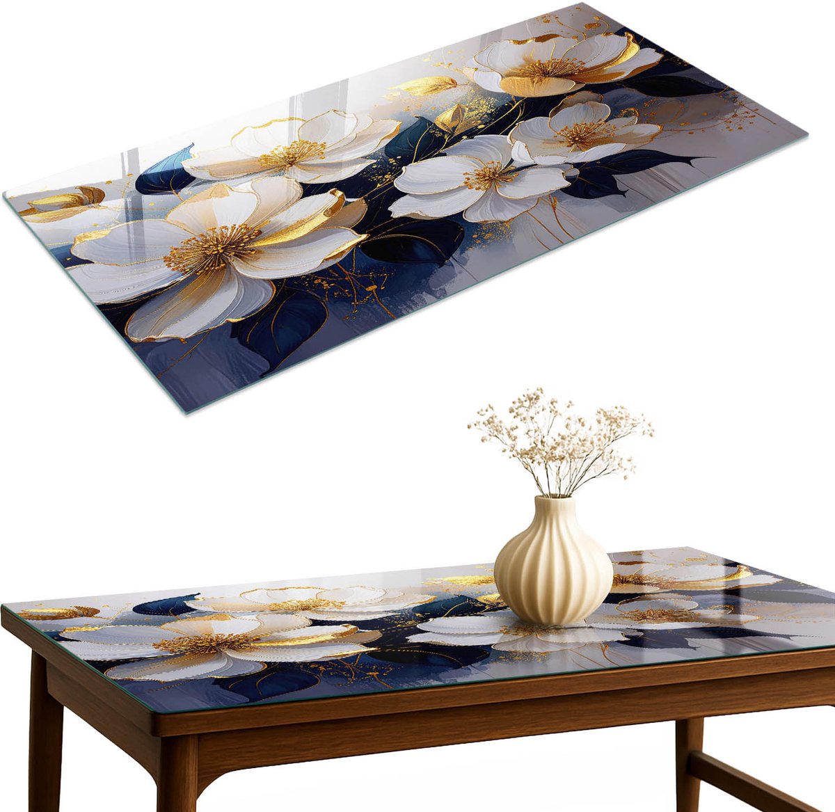 ArtPrintCave Bloemige elegantie Glazen Tafelblad 120x60 cm - Tafelblad Rechthoek - Wit Keukentafel - Bloemen en planten Keukentafel