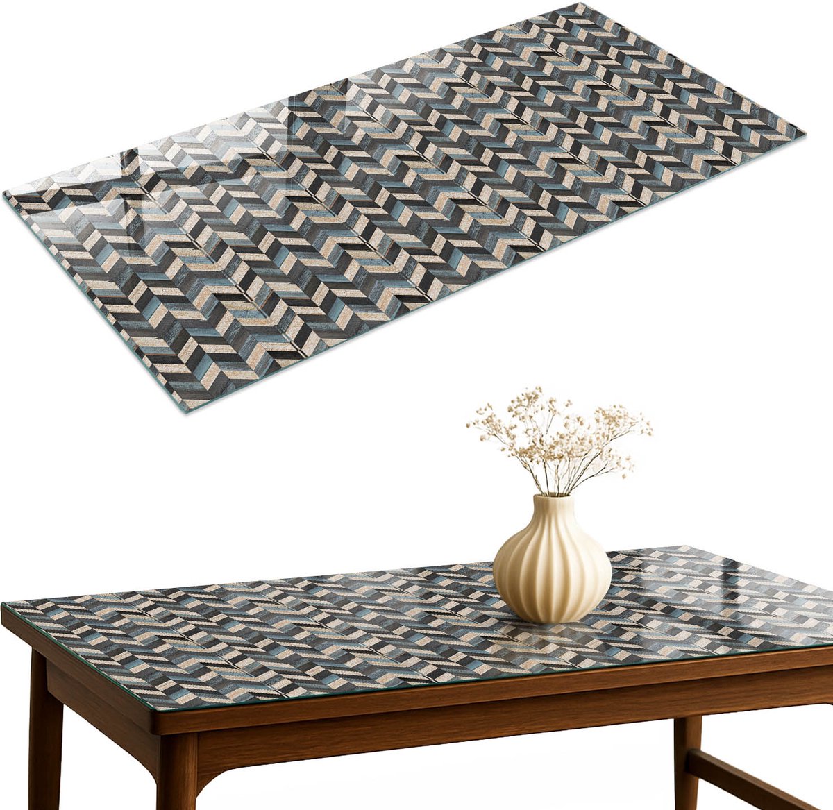 ArtPrintCave Chevronpatroon Glazen Tafelblad 140x70 cm - Tafelblad Rechthoek - Grijs Eettafel Met Glasplaat - Achtergronden en patronen Keukentafel
