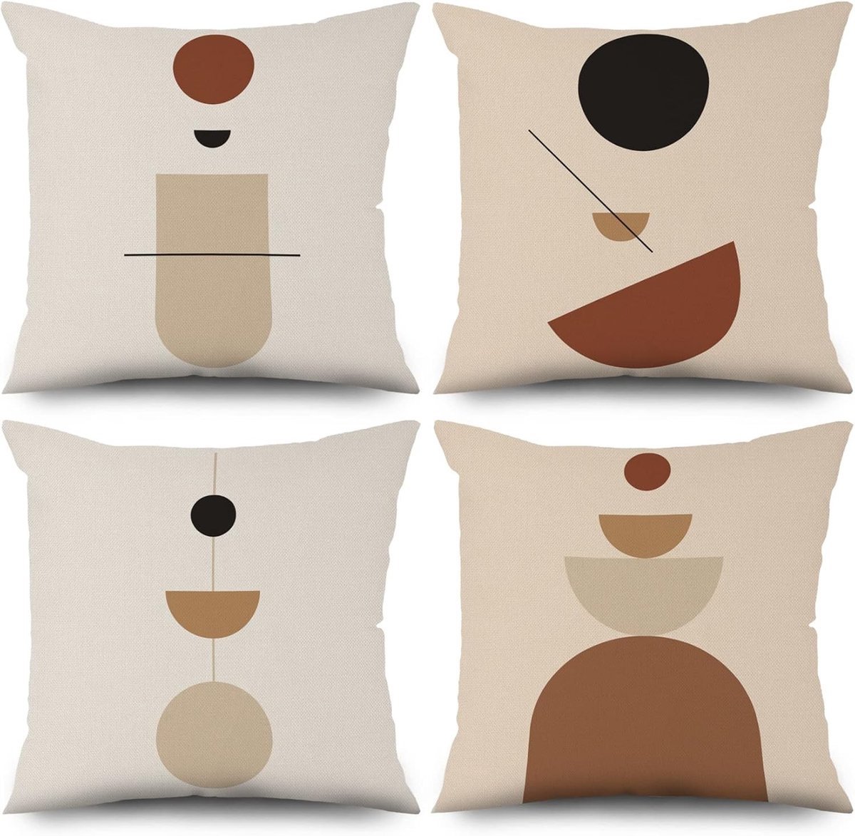 Set van 4 Boho Kussenhoezen 40 x 40 cm met Moderne Geometrische Abstracte Kunst in Beige, Wasbare Polyester en Flax, Perfect voor Woonkamer en Slaapkamer Decoratie