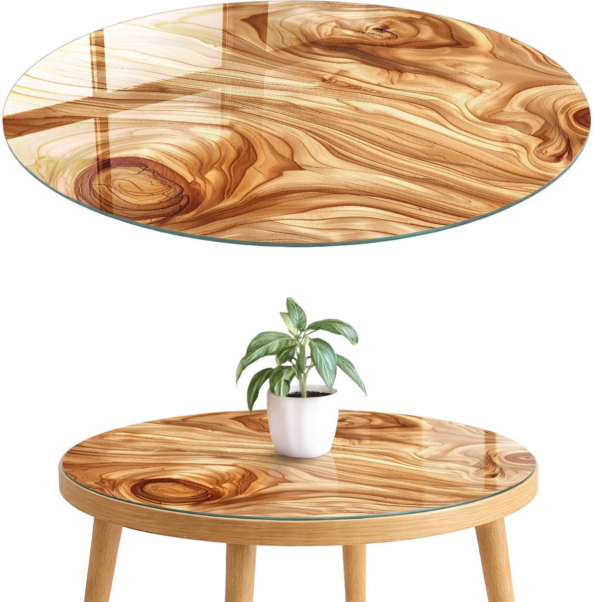 ArtPrintCave Houten golven Glazen Tafelblad fi70 cm - Tafelblad Rond - Bruin Tafelblad Glas - Texturen Bureaublad