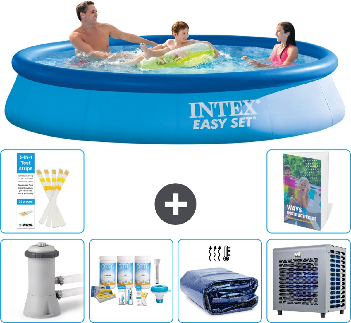 Intex Rond Opblaasbaar Easy Set Zwembad - 366 x 76 cm - Blauw - Inclusief Pomp - Onderhoudspakket - Solarzeil - Warmtepomp - 7-delig
