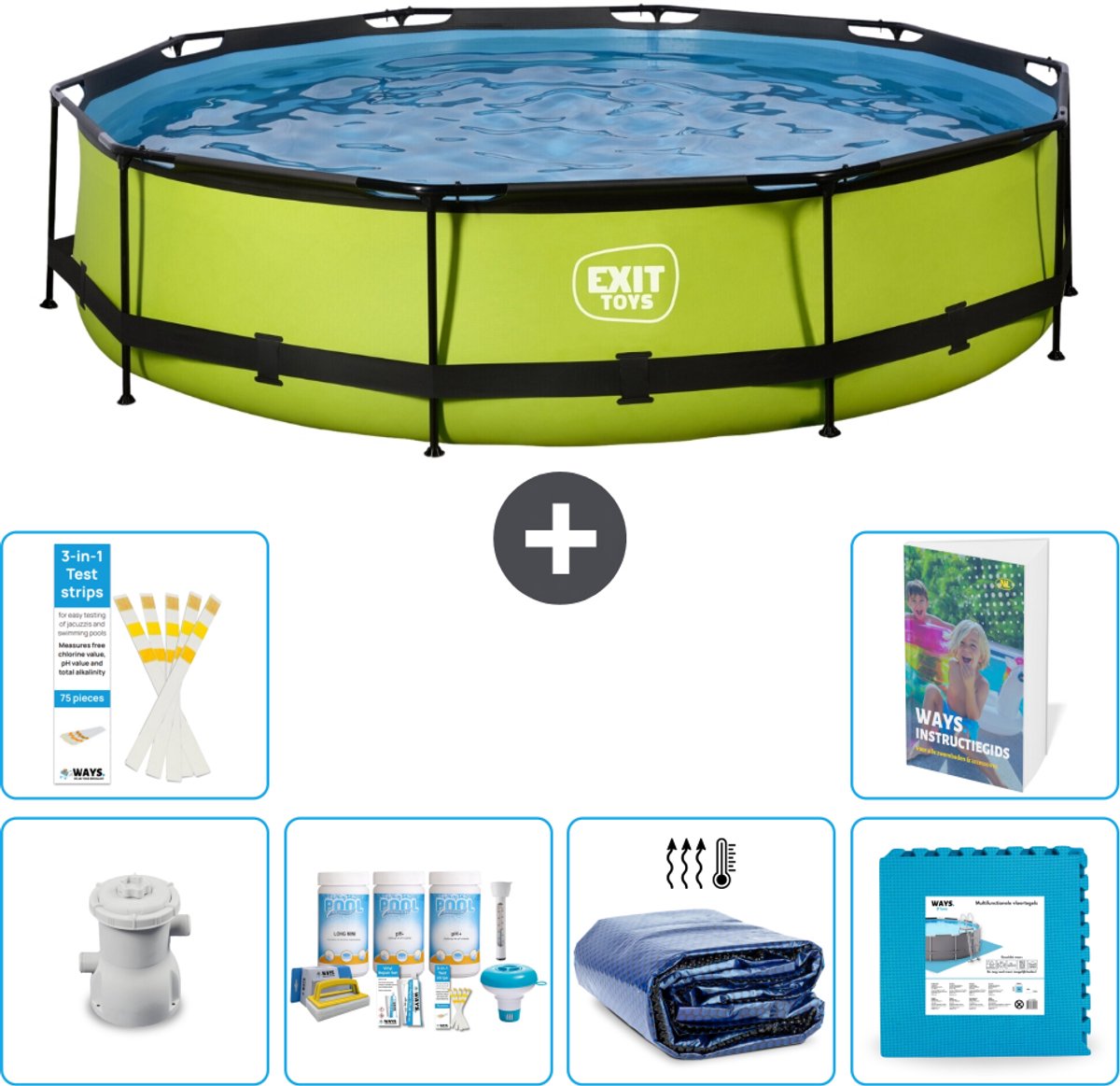 EXIT Rond Lime Frame Zwembad - 360 x 76 cm - Inclusief Pomp - Onderhoudspakket - Solarzeil - Vloertegels - 7-delig