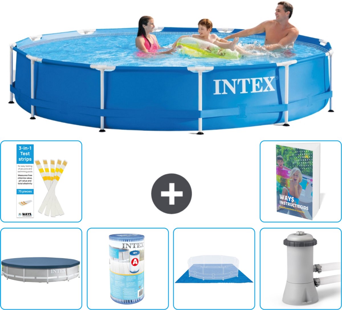 Intex Rond Frame Zwembad - 366 x 76 cm - Blauw - Inclusief Afdekzeil - Filter - Grondzeil - Zwembadfilterpomp - 7-delig
