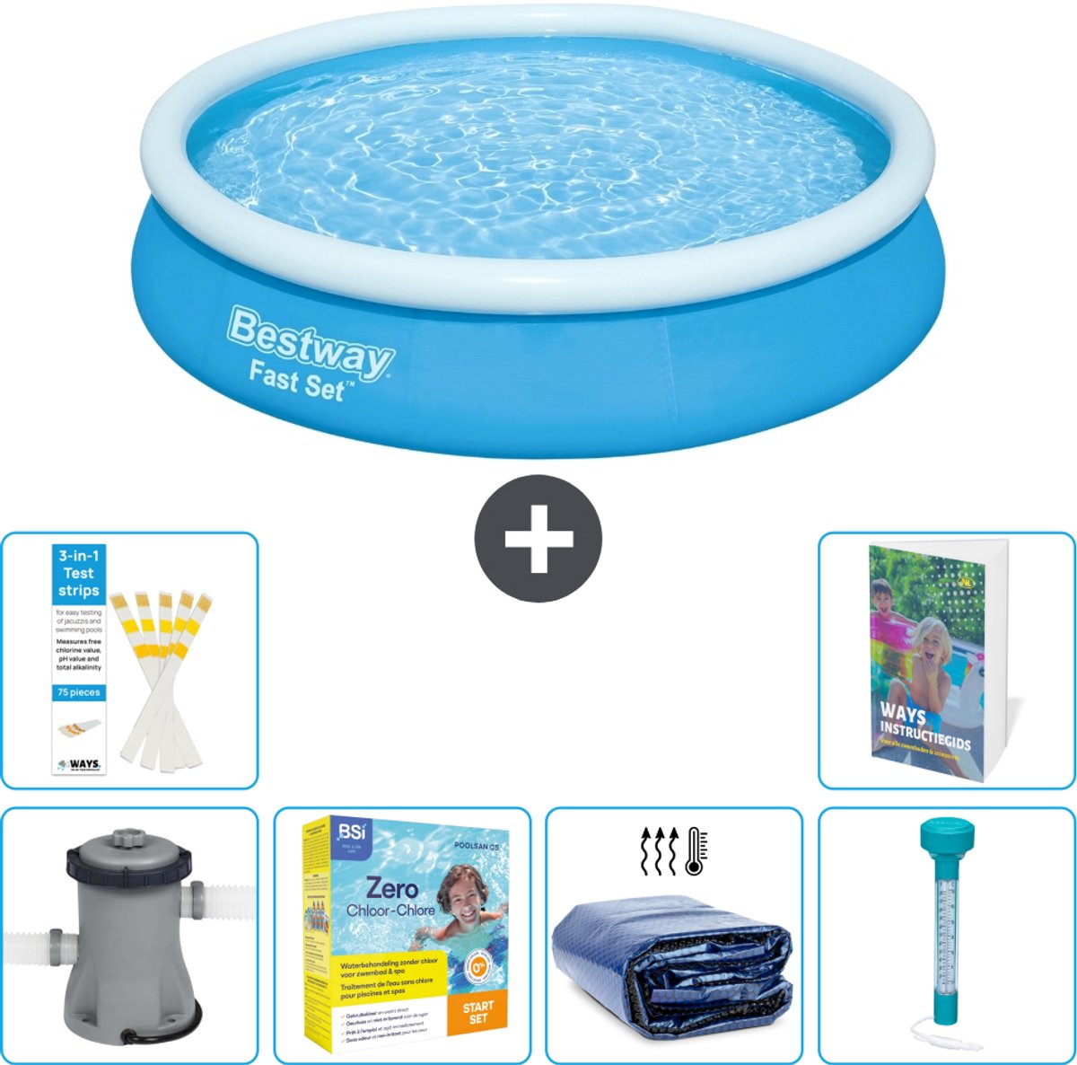 Bestway Rond Opblaasbaar Fast Set Zwembad - 366 x 76 cm - Blauw - Inclusief Pomp - Onderhoudspakket - Solarzeil - Thermometer - 7-delig
