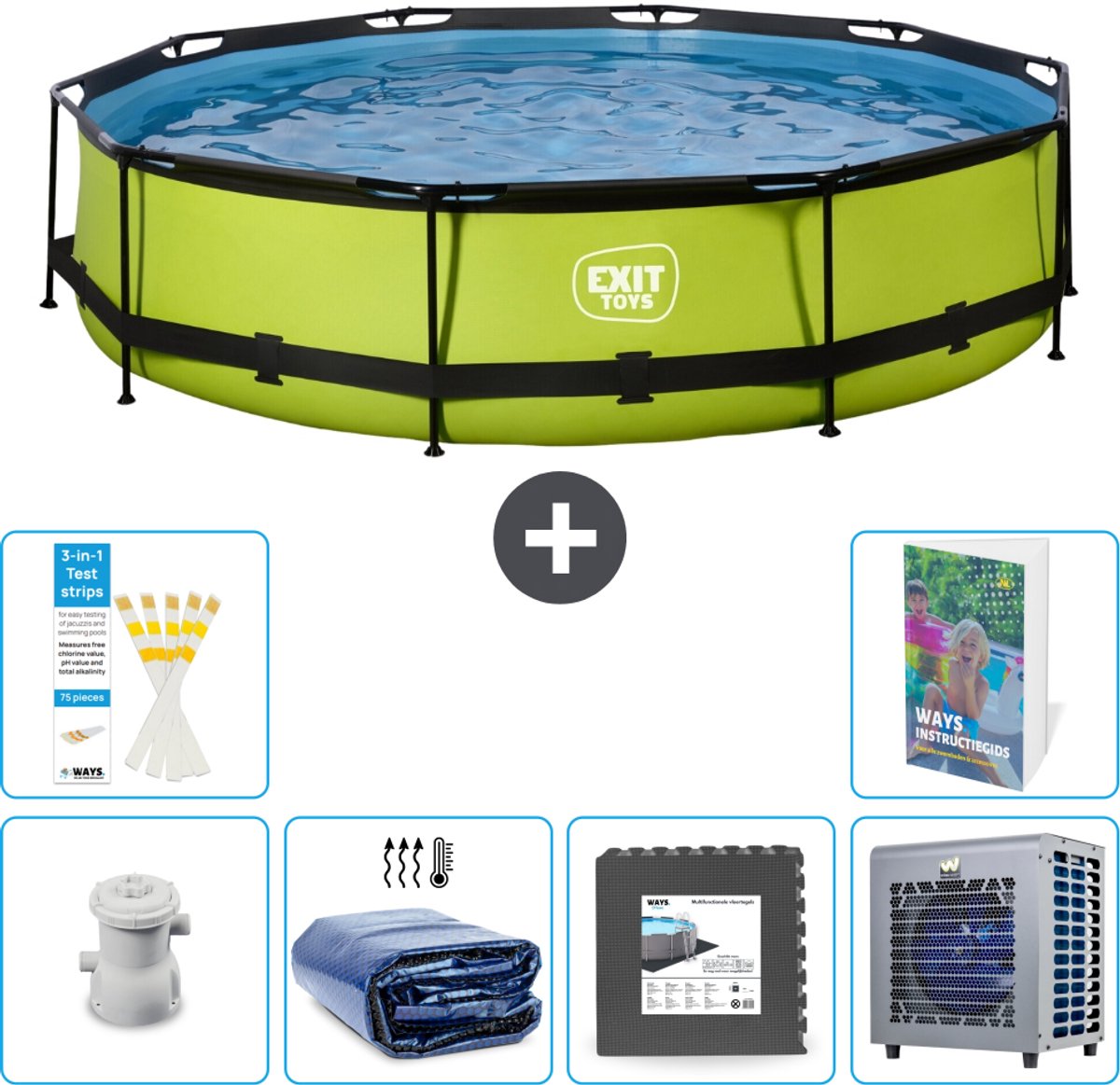 EXIT Rond Lime Frame Zwembad - 360 x 76 cm - Inclusief Pomp - Solarzeil - Vloertegels - Warmtepomp - 7-delig