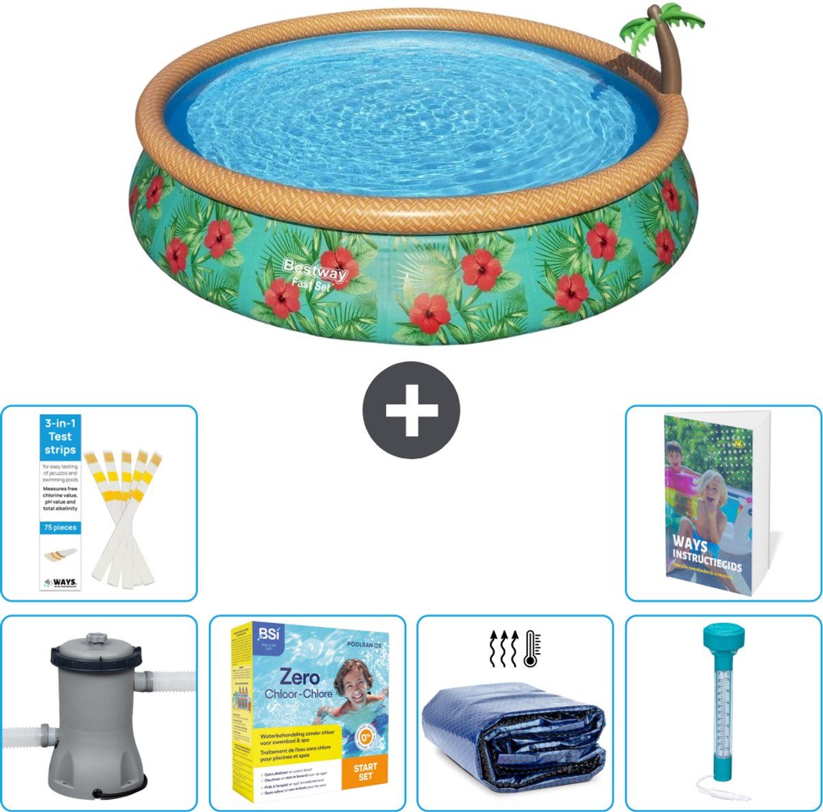 Bestway Rond Opblaasbaar Fast Set Zwembad - Paradijsprint - 457 x 84 cm - Inclusief Pomp - Onderhoudspakket - Solarzeil - Thermometer - 7-delig