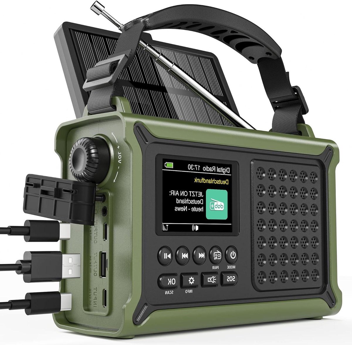 Noodradio met Zonnepaneel - Zwengelradio Dynamo - Kamperen Noodsituaties - 12000 mAh Batterij - 8500 mm² Zonnepaneel - Groen