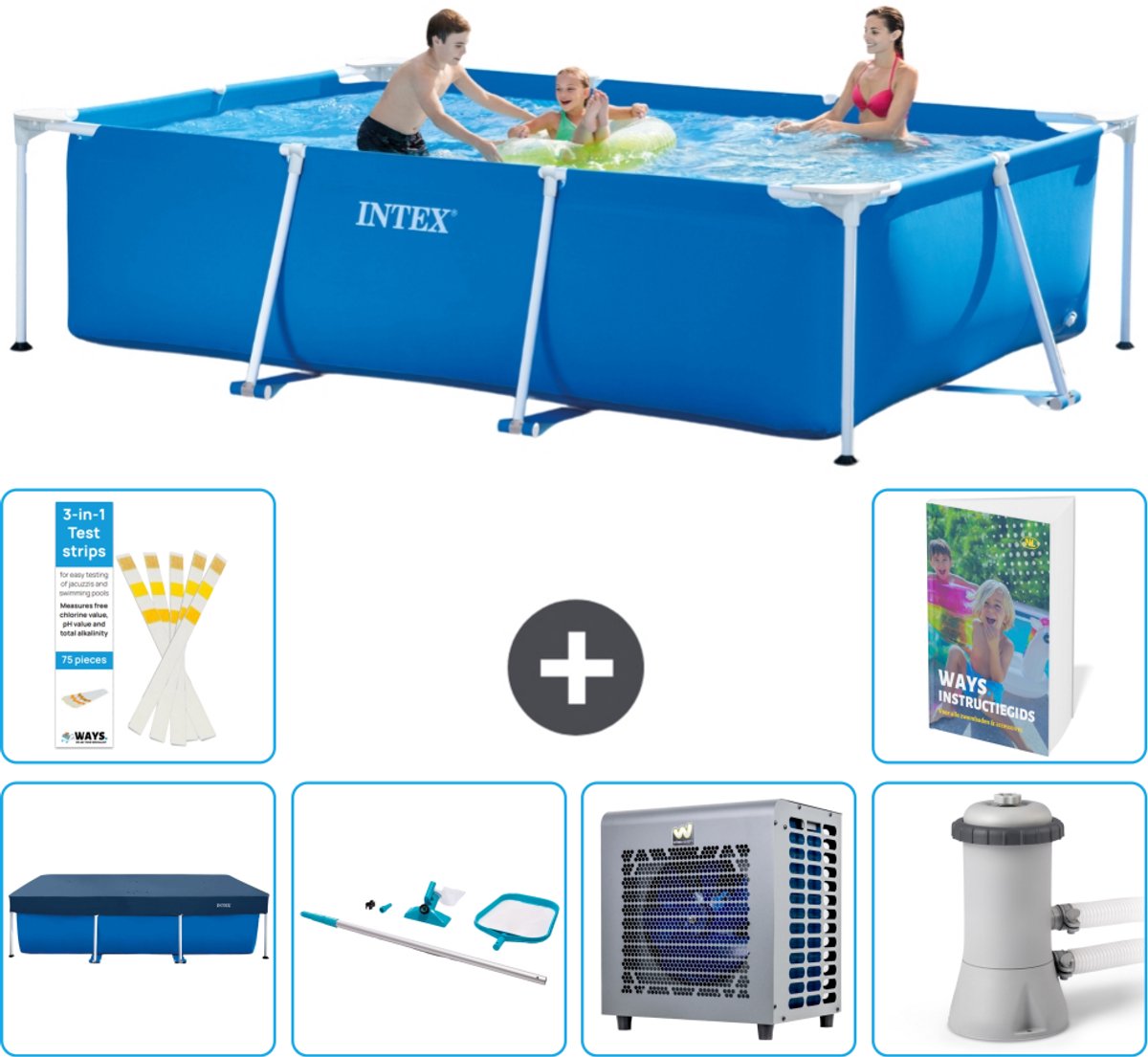 Intex Rechthoekig Frame Zwembad - 300 x 200 x 75 cm - Blauw - Inclusief Afdekzeil - Schoonmaakset - Warmtepomp - Zwembadfilterpomp - 7-delig