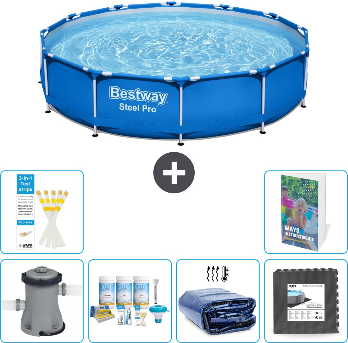Bestway Rond Steel Pro Zwembad - 366 x 76 cm - Blauw - Inclusief Pomp - Onderhoudspakket - Solarzeil - Vloertegels - 7-delig