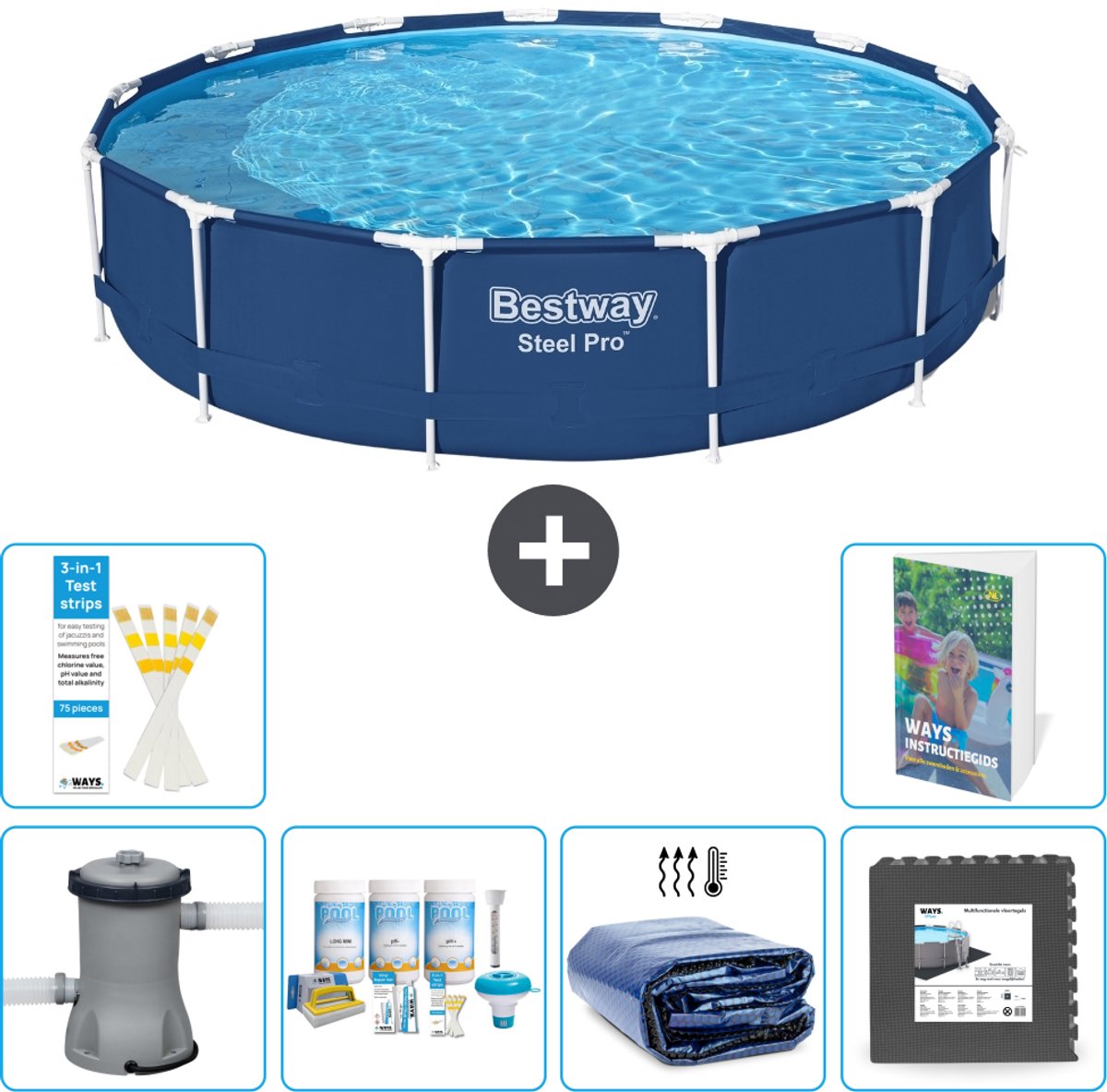 Bestway Rond Steel Pro Zwembad - 396 x 84 cm - Blauw - Inclusief Pomp - Onderhoudspakket - Solarzeil - Vloertegels - 7-delig
