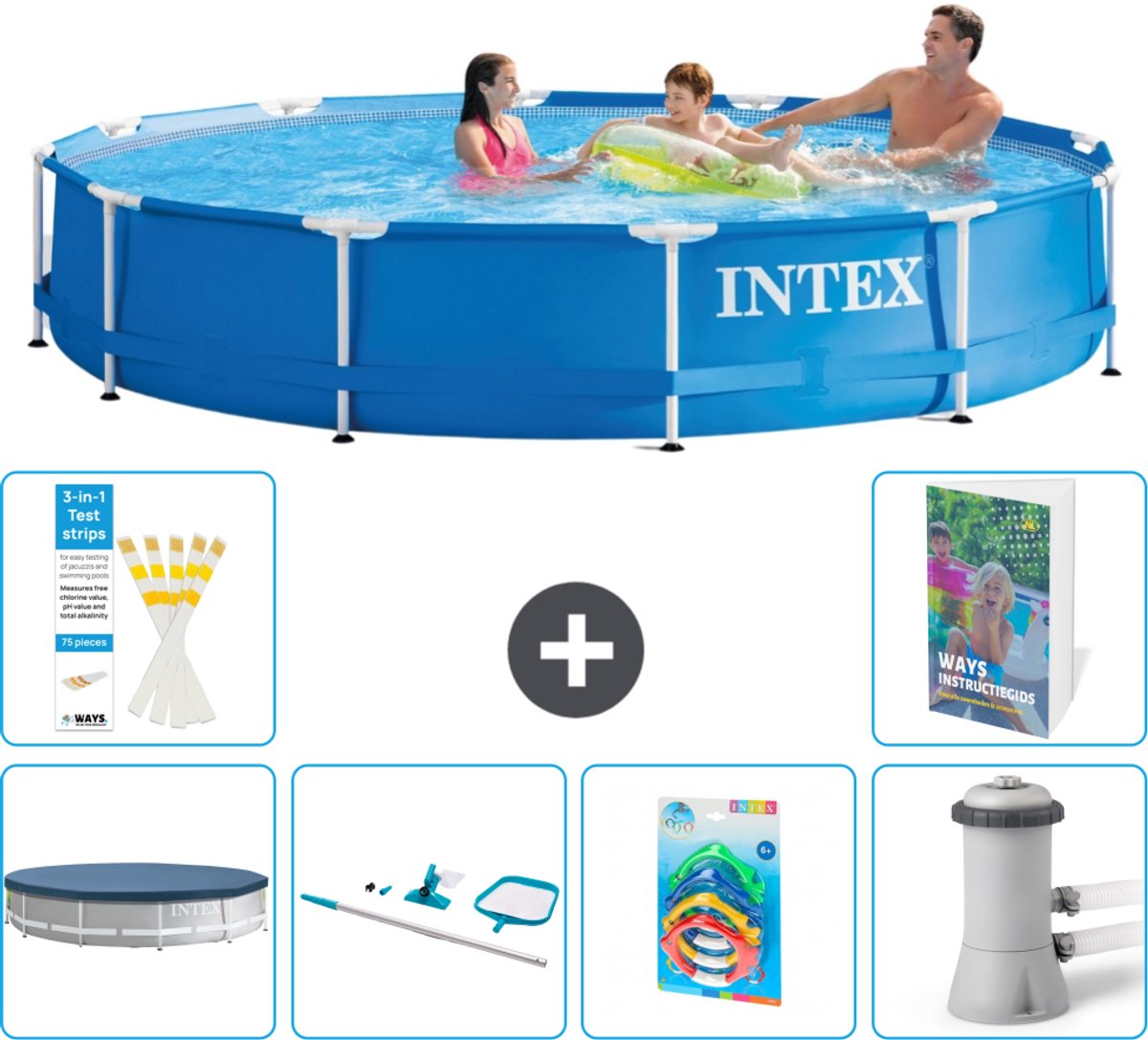 Intex Rond Frame Zwembad - 366 x 76 cm - Blauw - Inclusief Afdekzeil - Schoonmaakset - Speelgoed - Zwembadfilterpomp - 7-delig