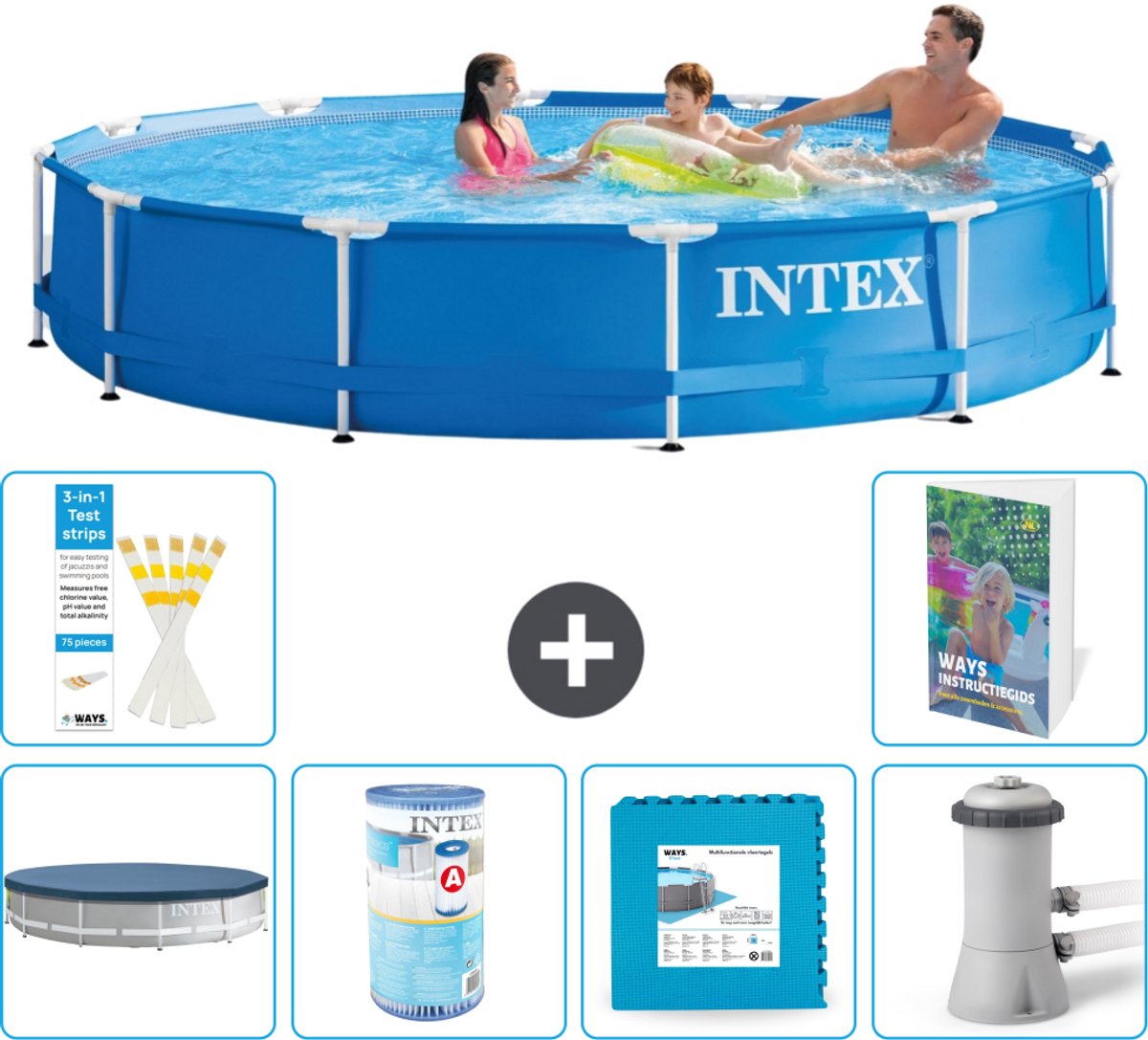 Intex Rond Frame Zwembad - 366 x 76 cm - Blauw - Inclusief Afdekzeil - Filter - Vloertegels - Zwembadfilterpomp - 7-delig