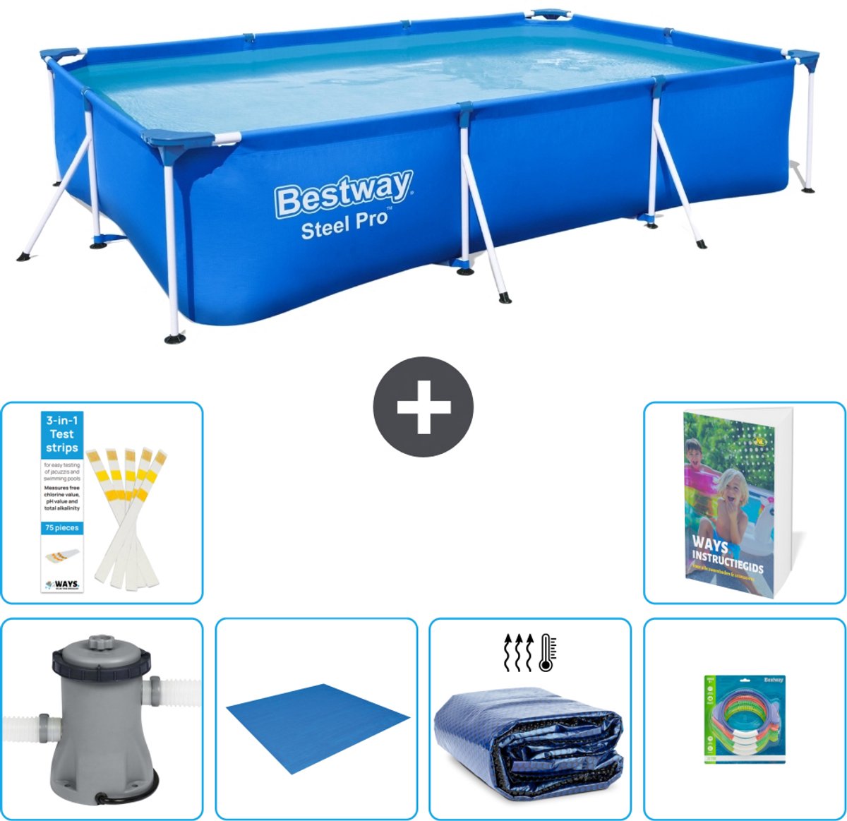 Bestway Rechthoekig Steel Pro Zwembad - 300 x 201 x 66 cm - Blauw - Inclusief Pomp - Grondzeil - Solarzeil - Speelgoed - 7-delig