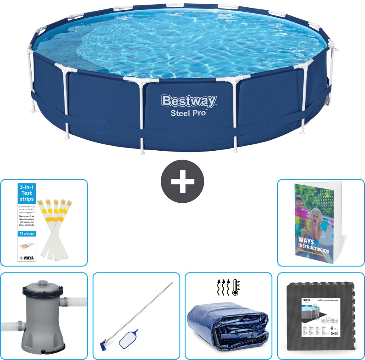 Bestway Rond Steel Pro Zwembad - 396 x 84 cm - Blauw - Inclusief Pomp - Schoonmaakset - Solarzeil - Vloertegels - 7-delig