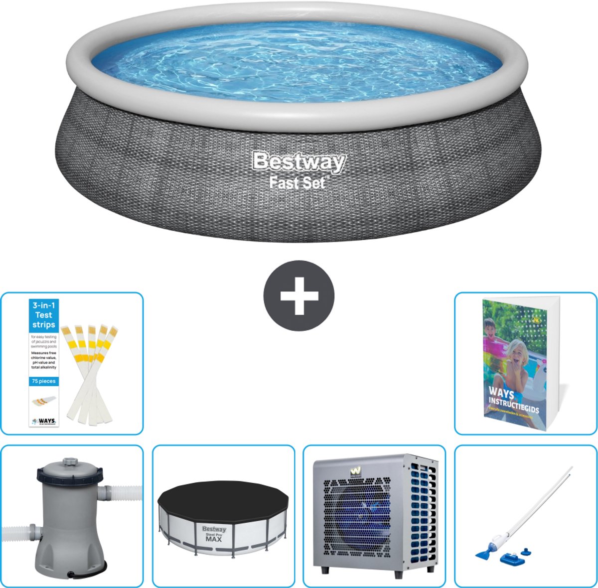 Bestway Rond Opblaasbaar Fast Set Zwembad - Rotanprint - 457 x 84 cm - Inclusief Pomp - Afdekzeil - Warmtepomp - Stofzuiger - 7-delig