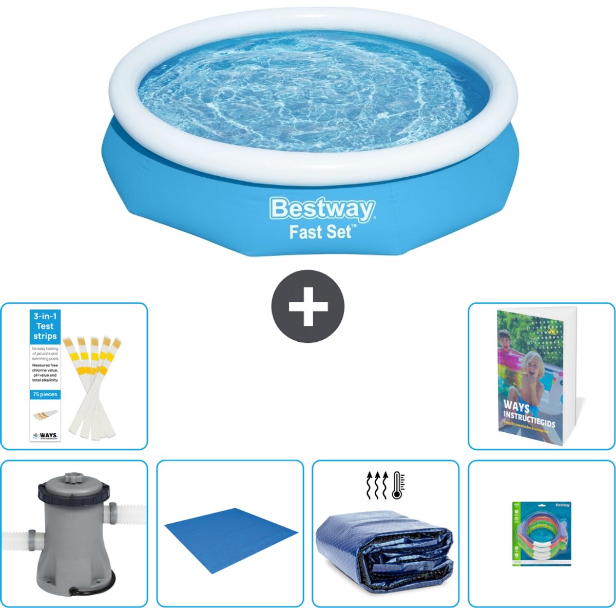 Bestway Rond Opblaasbaar Fast Set Zwembad - 305 x 66 cm - Blauw - Inclusief Pomp - Grondzeil - Solarzeil - Speelgoed - 7-delig