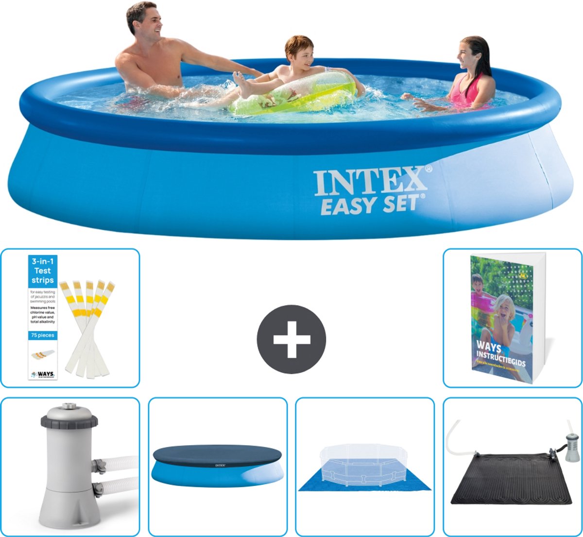 Intex Rond Opblaasbaar Easy Set Zwembad - 366 x 76 cm - Blauw - Inclusief Pomp - Afdekzeil - Grondzeil - Solar Mat - 7-delig