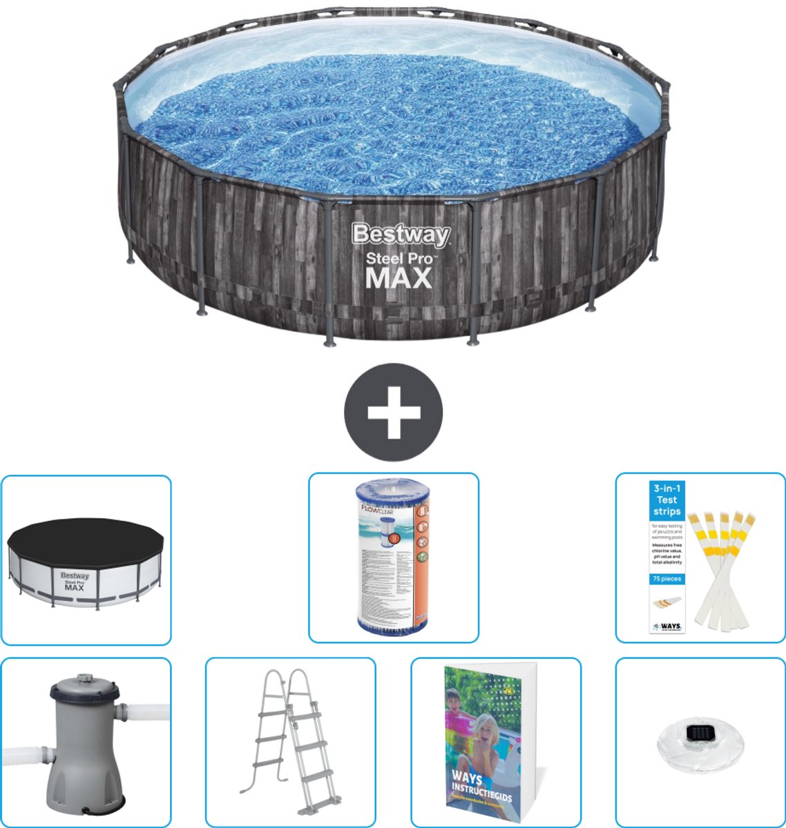 Bestway Rond Steel Pro MAX Zwembad - Houtprint - 427 x 107 cm - Inclusief Pomp - Ladder - Afdekzeil - Filter - Verlichting - 8-delig