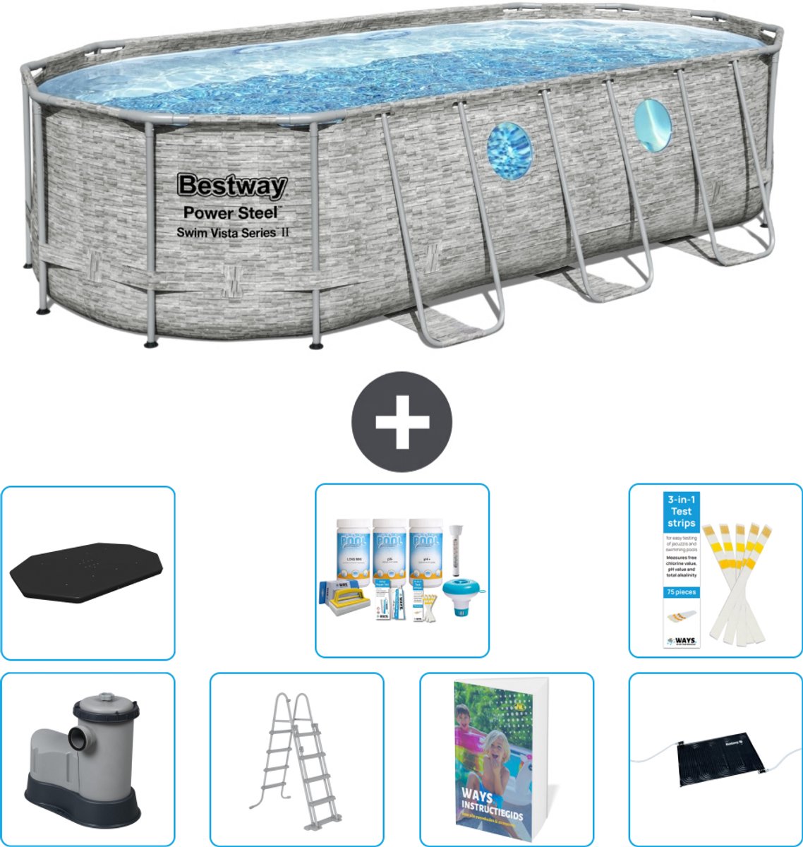 Bestway Ovaal Power Steel Swim Vista Zwembad - Steenprint - 549 x 274 x 122 - Inclusief Pomp - Ladder - Afdekzeil - Onderhoudspakket - Solar Mat - 8-delig
