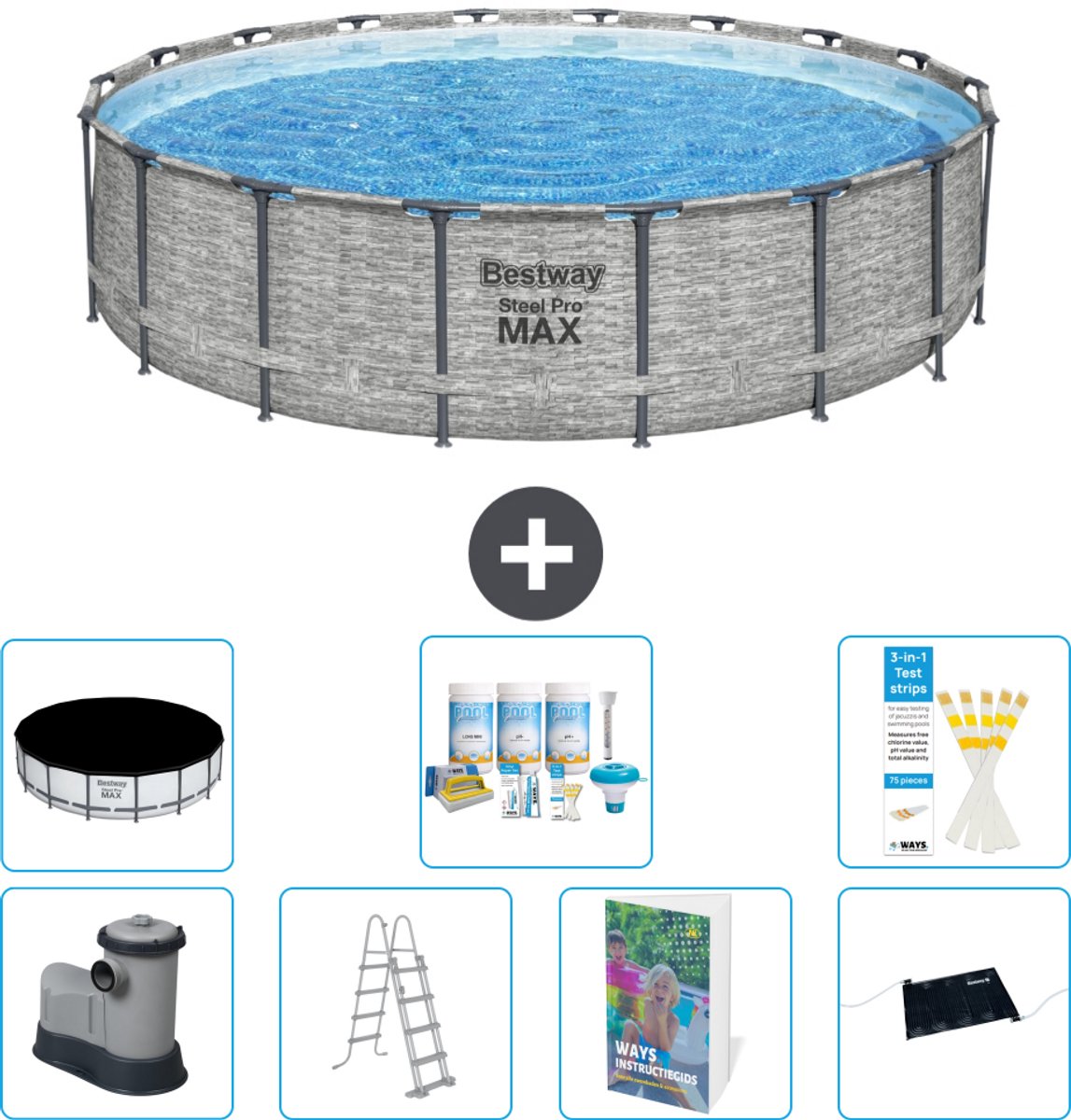 Bestway Rond Steel Pro MAX Zwembad - Steenprint - 549 x 122 - Inclusief Pomp - Ladder - Afdekzeil - Onderhoudspakket - Solar Mat - 8-delig
