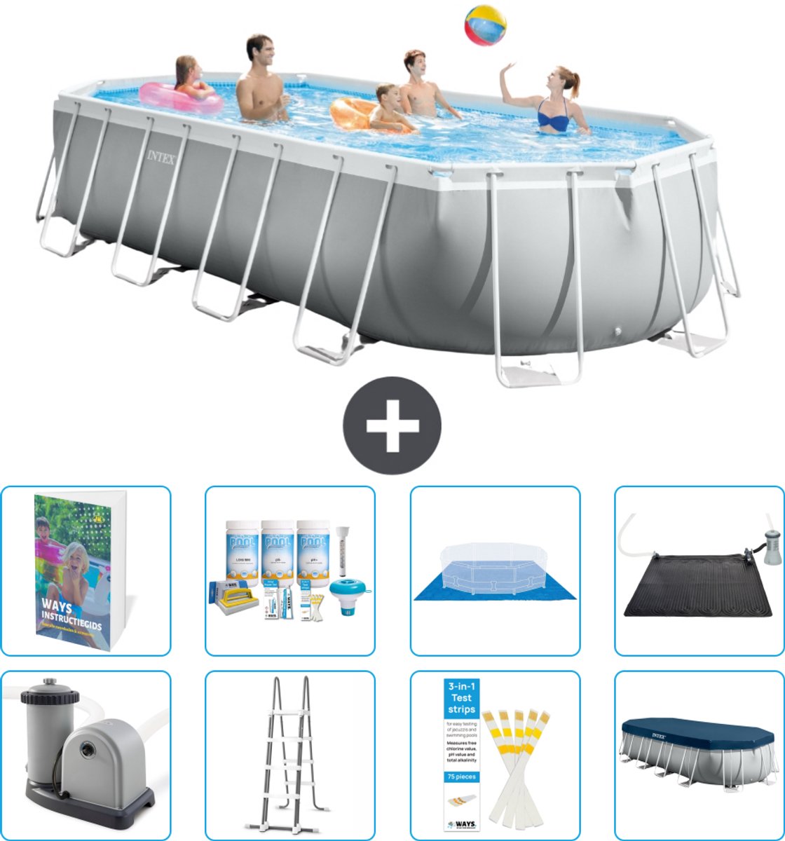 Intex Ovaal Prism Frame Zwembad - 610 x 305 x 122 cm - Grijs - Inclusief Pomp - Ladder - Grondzeil - Afdekzeil - Onderhoudspakket - Solar Mat - 9-delig
