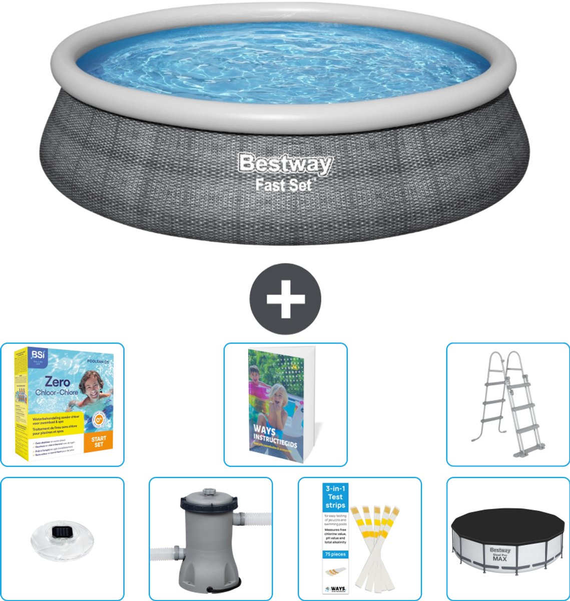 Bestway Rond Opblaasbaar Fast Set Zwembad - Rotanprint - 457 x 107 cm - Inclusief Pomp - Ladder - Afdekzeil - Onderhoudspakket - Verlichting - 8-delig