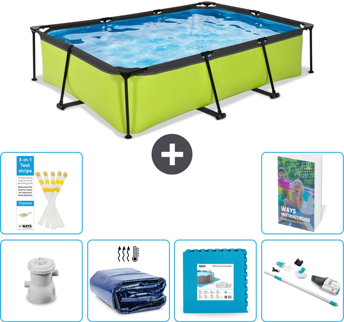 EXIT Rechthoekig Lime Frame Zwembad - 300 x 200 x 65 cm - Inclusief Pomp - Solarzeil - Vloertegels - Stofzuiger - 7-delig
