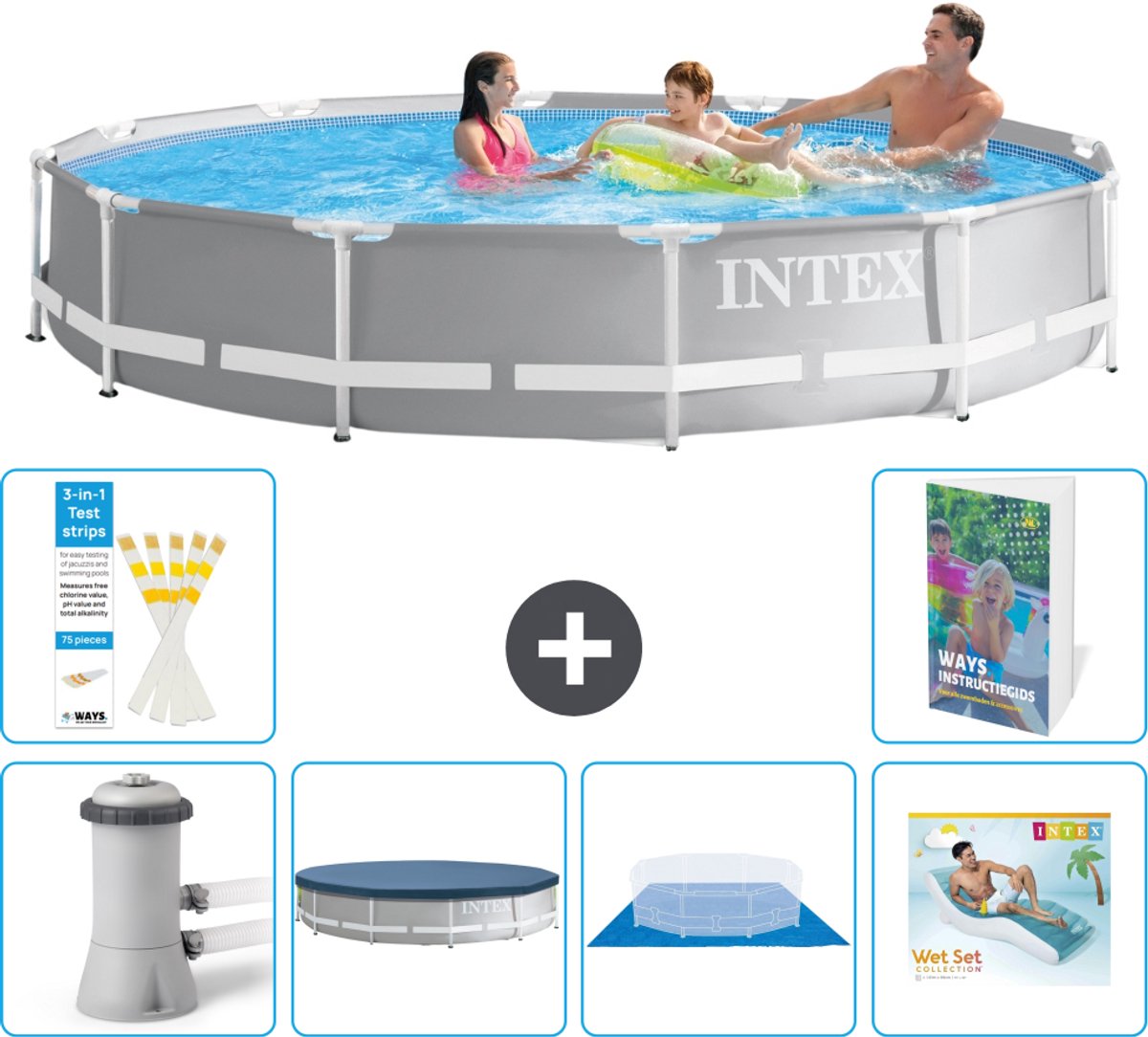 Intex Rond Prism Frame Zwembad - 366 x 76 cm - Grijs - Inclusief Pomp - Afdekzeil - Grondzeil - Loungebed - 7-delig