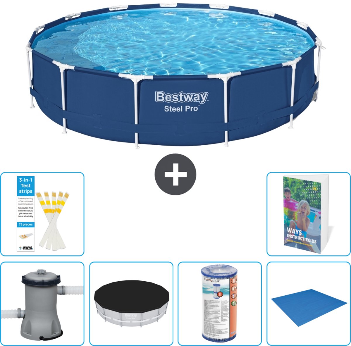 Bestway Rond Steel Pro Zwembad - 396 x 84 cm - Blauw - Inclusief Pomp - Afdekzeil - Filter - Grondzeil - 7-delig