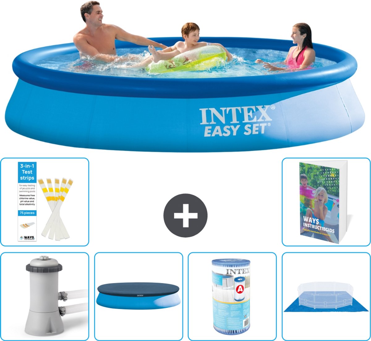 Intex Rond Opblaasbaar Easy Set Zwembad - 366 x 76 cm - Blauw - Inclusief Pomp - Afdekzeil - Filter - Grondzeil - 7-delig