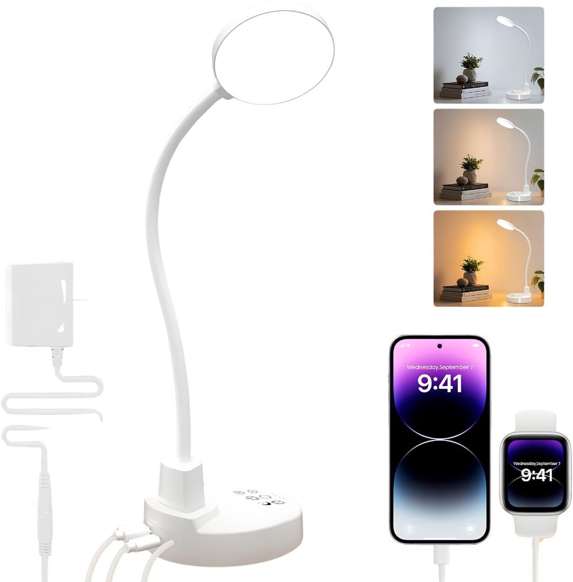 JCP® Bureaulamp - Tafellamp - Led Bureaulamp - Wit - 23cm x 12cm x 6cm