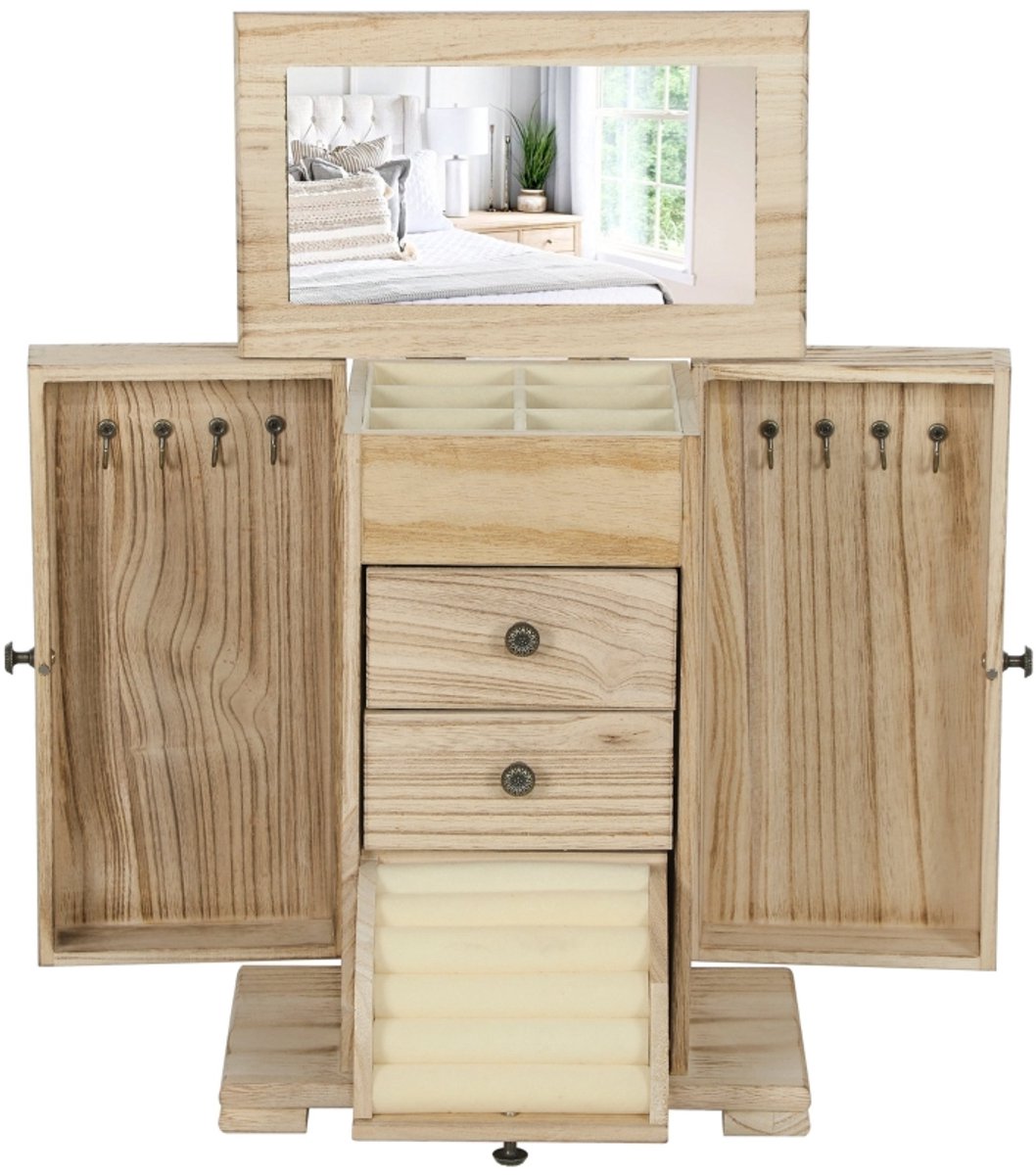 1 stuks houten sieradenkast met spiegel, verdeelde opbergvakken, ingebouwde kapspiegel, ophanghaken voor kettingen Materiaal: hout Afmetingen: 26,5×16×33,5 cm Kleur: bruin Geschikt voor het opbergen van alle soorten sieraden