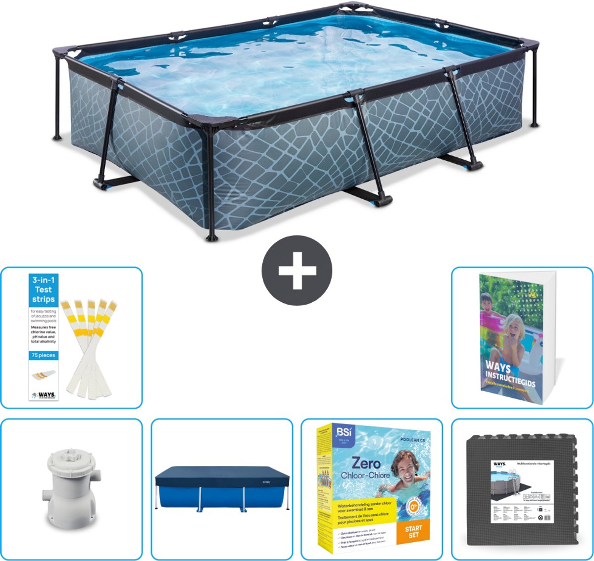 EXIT Rechthoekig Stone Frame Zwembad - 300 x 200 x 65 cm - Inclusief Pomp - Afdekzeil - Onderhoudspakket - Vloertegels - 7-delig