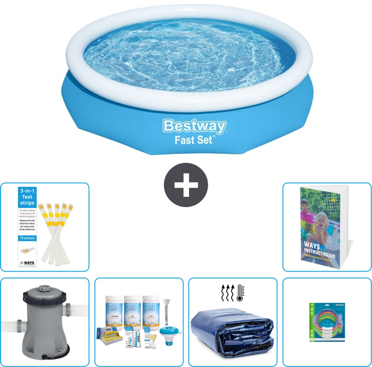 Bestway Rond Opblaasbaar Fast Set Zwembad - 305 x 66 cm - Blauw - Inclusief Pomp - Onderhoudspakket - Solarzeil - Speelgoed - 7-delig